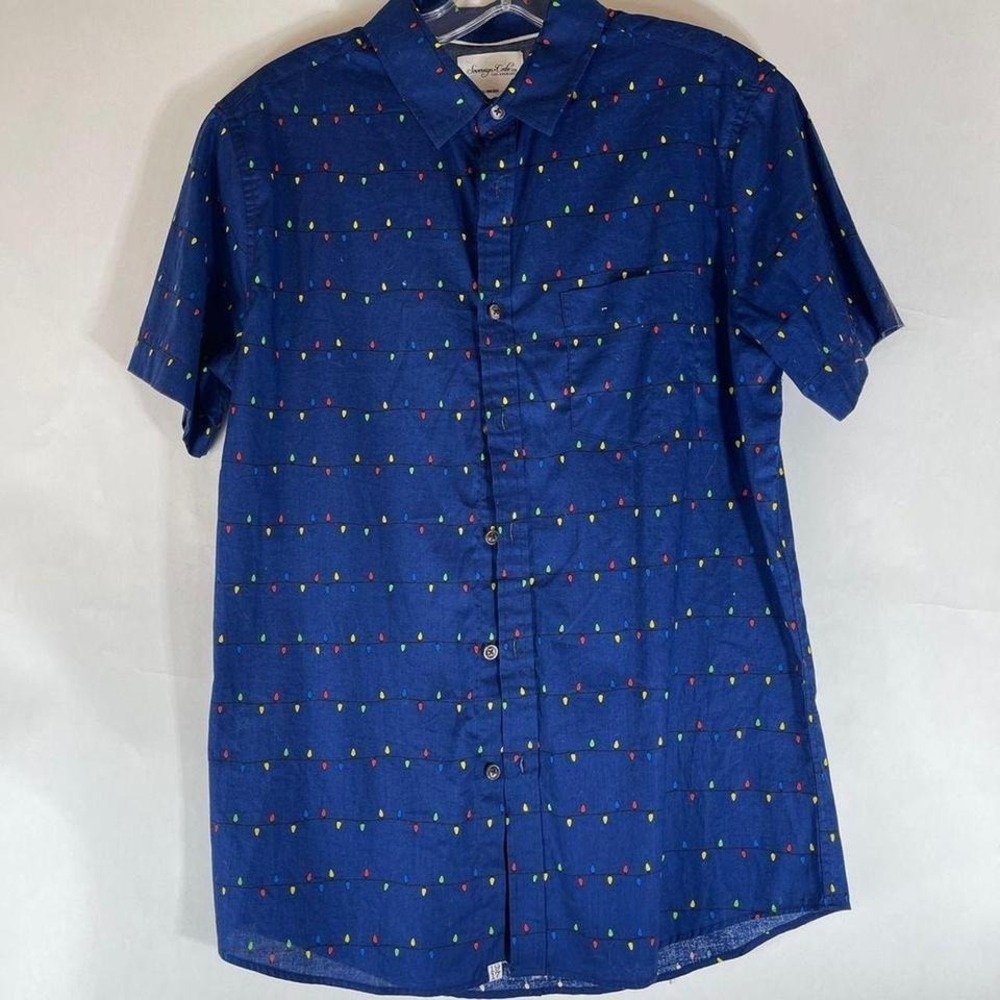 Sovereign Code Mens Christmas Light Print Short Sleeve Button Down Shirt Navy S
